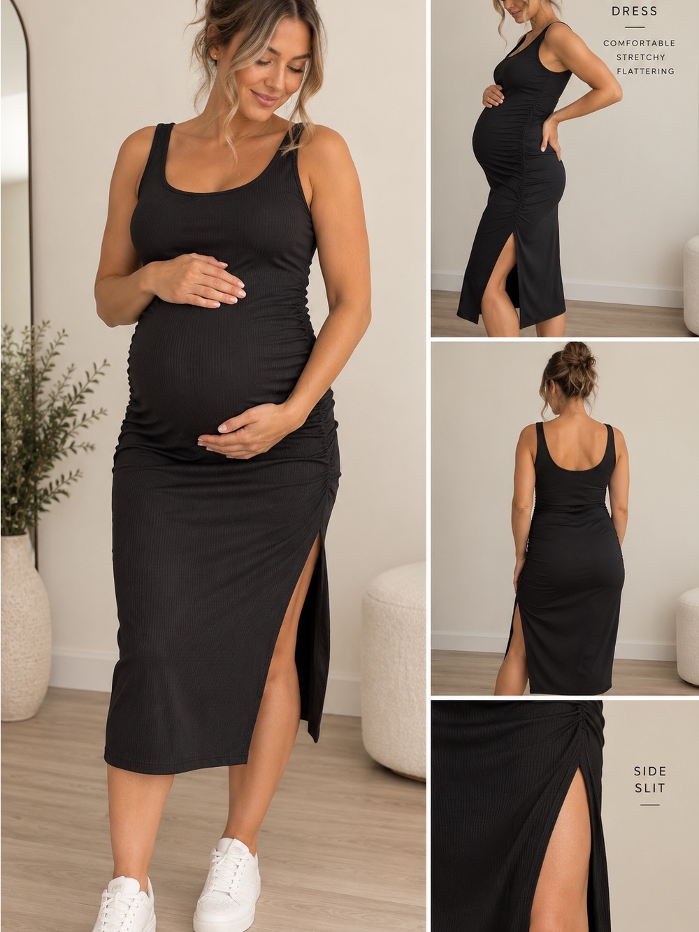 Impreso Black Ribbed Maternity Bodycon Midi Dress Size Large